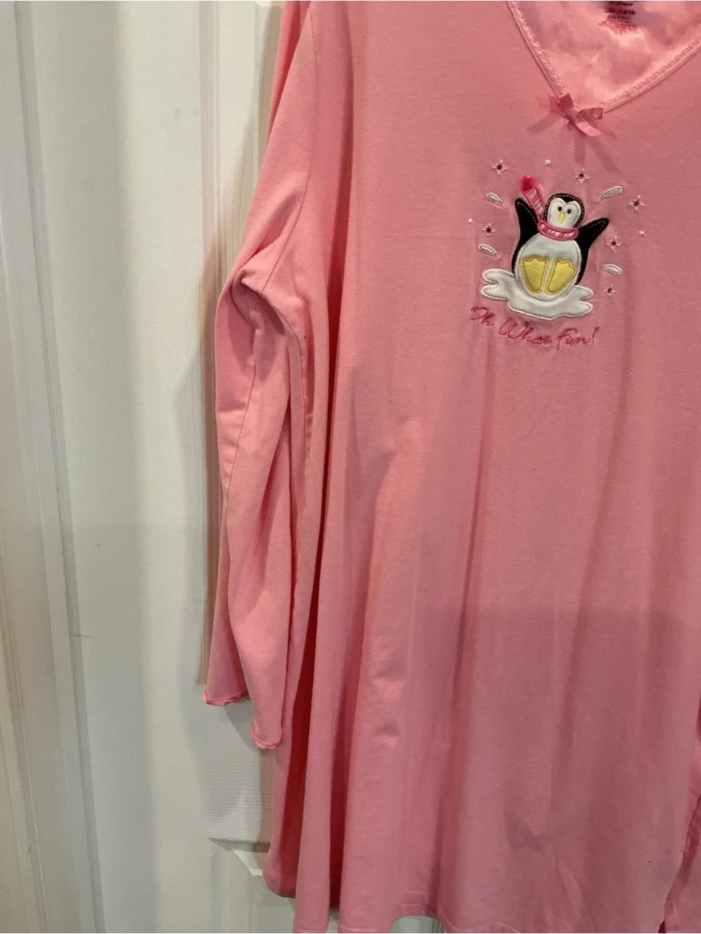 Pink Long-Sleeve V-Neck Nightgown with Penguin Graphic